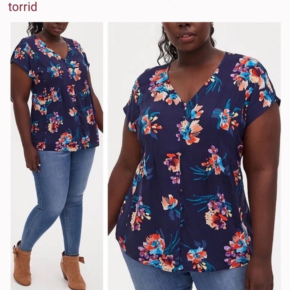 Torrid Navy Floral Challis Button Fit & Flare Blouse
